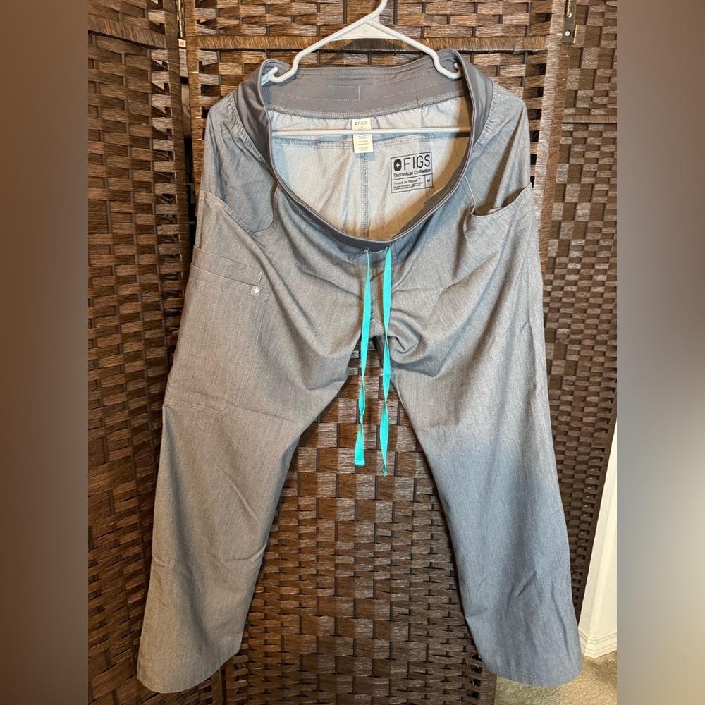 Figs Charcoal high waisted Scrub Pants with Aqua Drawstring